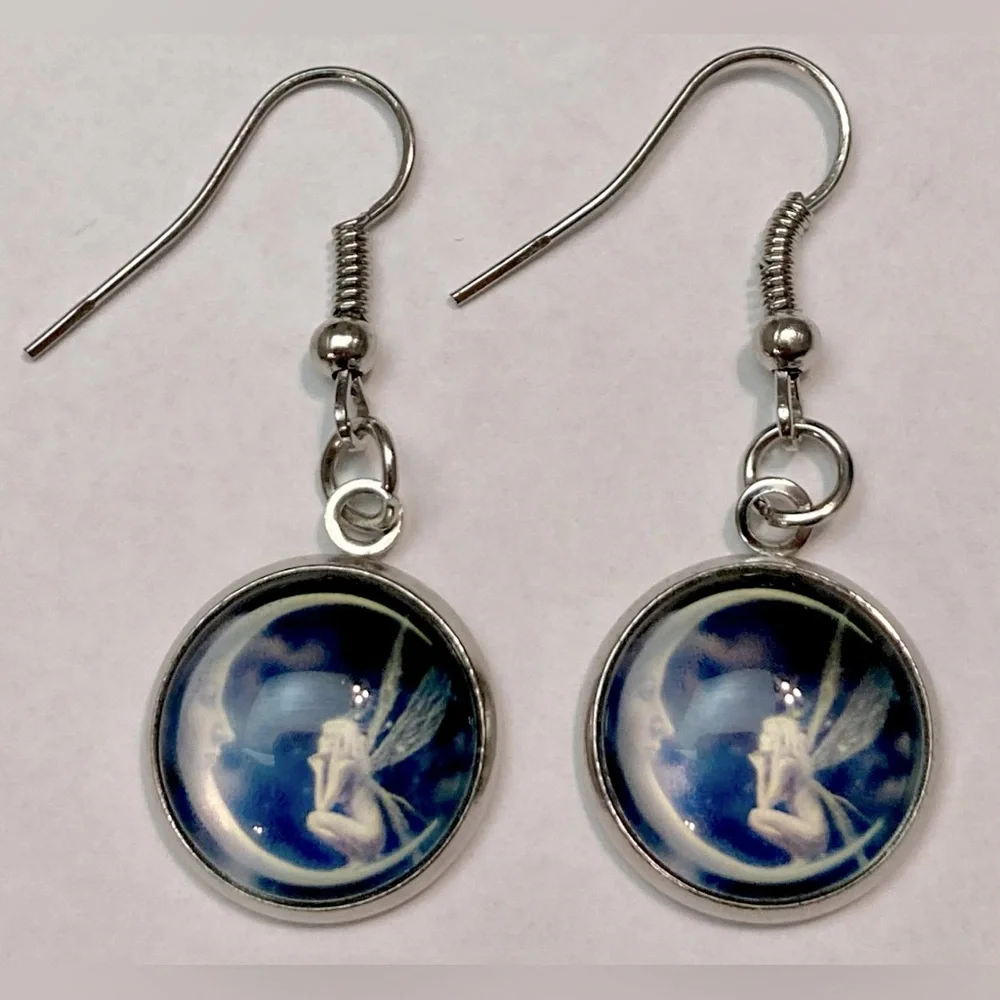 Women's pendant earrings , Earrings in the shape of the moon and angel